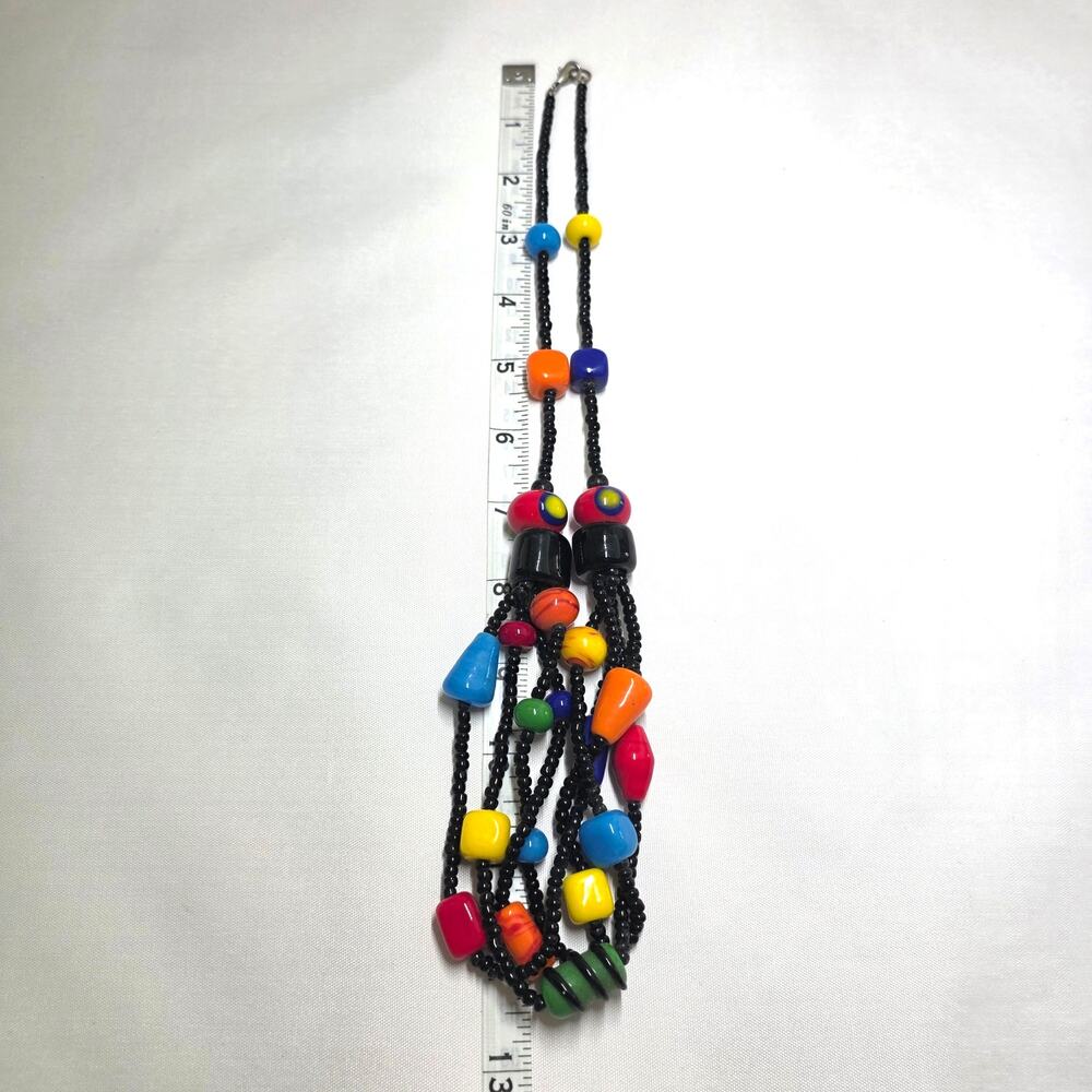 Vibrant Multi-Strand Statement Handcrafted Colorful Glass Beaded Ethnic Necklace - Picture 4 of 5